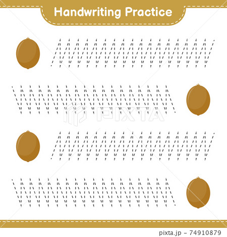 Handwriting practice. Tracing lines of Kiwi. Educational children game, printable worksheet, vector illustration Handwriting practice. Tracing lines of Kiwi. Educational children game, printable worksheet, vector illustration 74910879