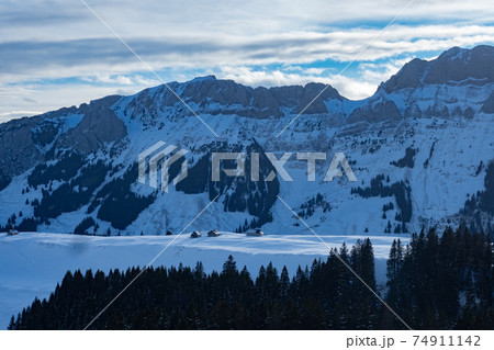 View from the hills in Appenzell to Saentis, a mountain in Switzerland 74911142