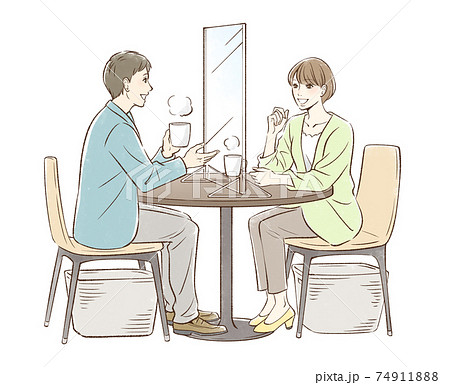 お茶する男女のペア_パーティションあり お茶する男女のペア_パーティションあり 74911888