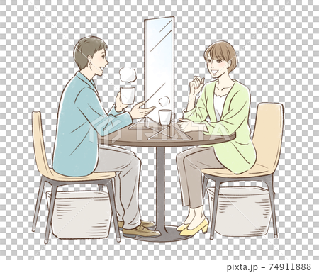 お茶する男女のペア_パーティションあり お茶する男女のペア_パーティションあり 74911888