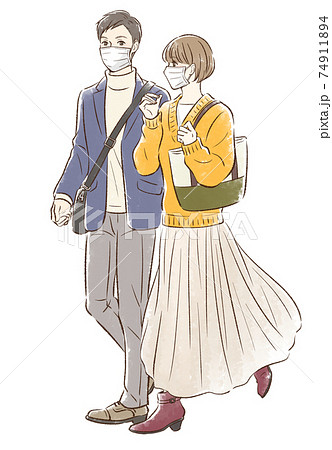 秋っぽい服装でデートするカップル マスクありのイラスト素材