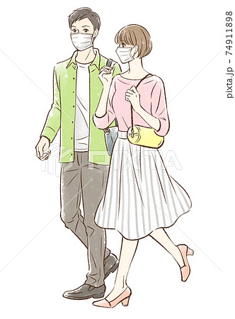 春っぽい服装でデートするカップル マスクありのイラスト素材
