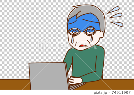 パソコンの操作が分からなくパニックになって泣いている高齢の男性のイラスト素材