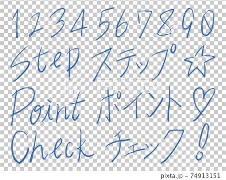 青の手書きの数字や文字のセット（細字） 74913151