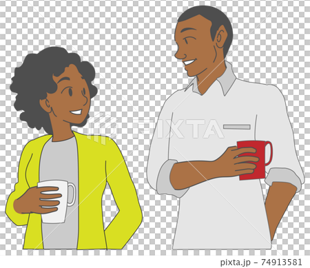 Black couple drinking coffee and smiling Black couple drinking coffee and smiling 74913581