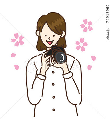 カメラ女子 女性 イラスト 桜 春のイラスト素材