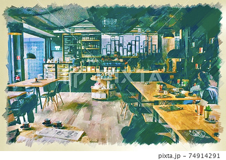 おしゃれな海外のカフェの風景のイラスト素材