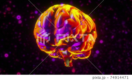 Computer generated model of artificial intelligence. 3d rendering of the iridescent brain against the backdrop of neon blurred particles 74914471