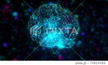 Computer generated artificial intelligence. 3d rendering of the digital brain against the backdrop of colored blurred particles 74914489