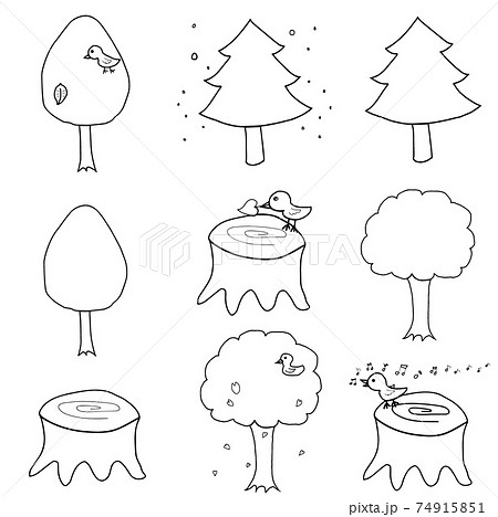 鳥が止まった樹木と切り株のイラストセット 線画のイラスト素材