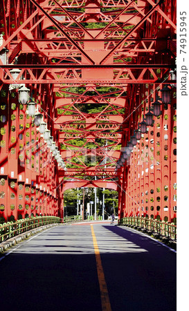 首都圏のオアシス 奥多摩湖にかかる赤い鉄橋 峰谷橋 縦構図 3195 の写真素材