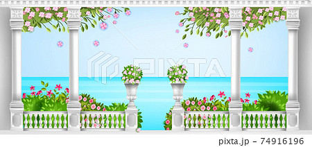 Spring Mediterranean balustrade, vector roman balcony, marble pillars, vases, blooming bushes, sea 74916196
