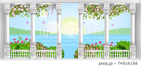 Vector palace balustrade, ancient roman marble balcony with arches, pillars, handrail, blossom 74916198