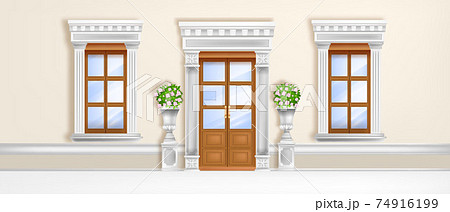 Classic palace door, roman windows front view with marble pillars, portal, vases, blooming roses 74916199