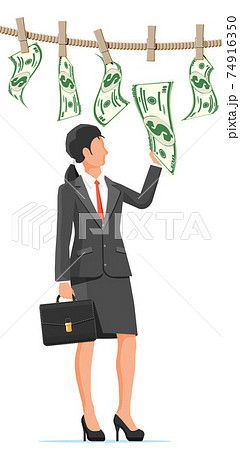 Wet dollar bills hanging on rope and woman 74916350