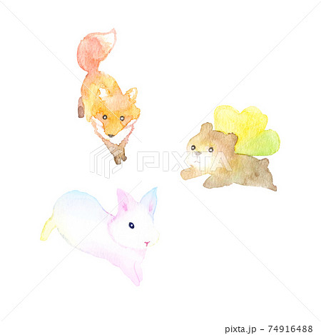 手描き水彩画 駆け回るかわいいキツネとクマとウサギの子どものイラストのイラスト素材