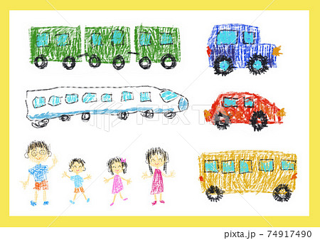 子供が書いたようなイラスト クレヨン 色鉛筆 家族 乗り物 新幹線 車 バス 電車 お出かけのイラスト素材