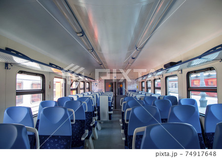 Interior of a suburban train express, Moscow, Russia 74917648
