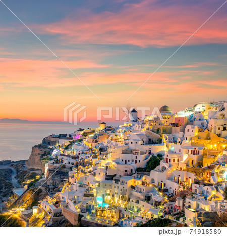 Sunset Oia on Famous Santorini island in Greece. Night illumination 74918580