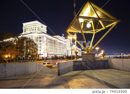 Main Building of the Ministry of Defence of the Russian Federation (Minoboron), at night-- is the governing body of the Russian Armed Forces. Moscow, Russia 74919300