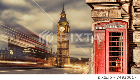London symbols with BIG BEN, DOUBLE DECKER BUSES and Red Phone Booths in England, UK 74920017