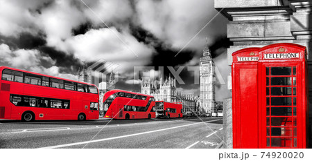 London symbols with BIG BEN, DOUBLE DECKER BUSES and Red Phone Booths in England, UK London symbols with BIG BEN, DOUBLE DECKER BUSES and Red Phone Booths in England, UK 74920020