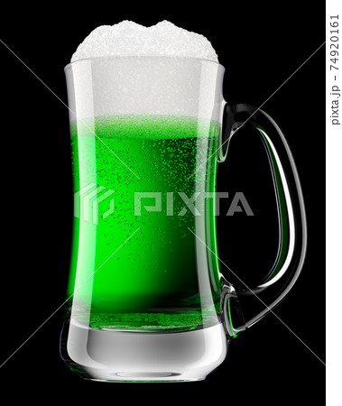 Frosty glass of draft green beer with bubble froth isolated on black background. 74920161