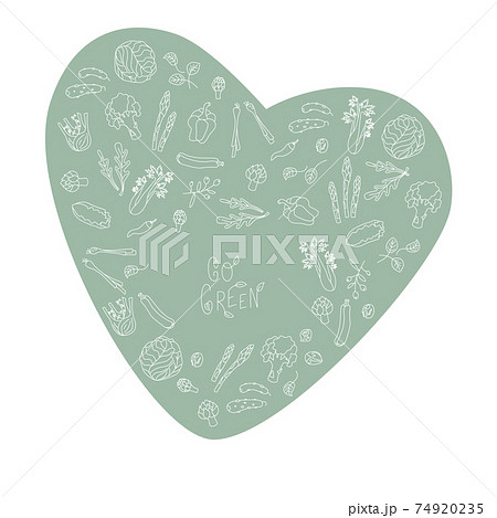 Go green sign with green vegetables frame. Handwritten lettering fresh font. No pattern. Vector stock illustration isolated on white background. Go green sign with green vegetables frame. Handwritten lettering fresh font. No pattern. Vector stock illustration isolated on white background. 74920235