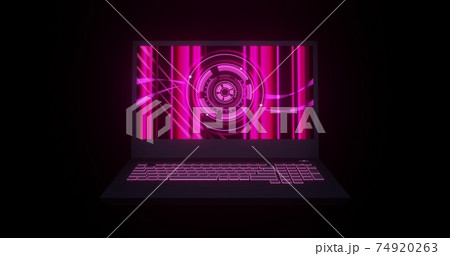サイバーデジタルデザインのノートパソコン 黒背景 ピンク 3dcgのイラスト素材