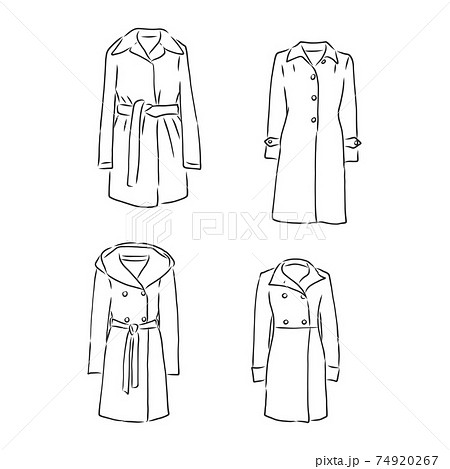 Trench coat icon. Fashion garment symbol. Technical drawing of garment for design, logo, advertising banner. coat vector sketch illustration 74920267