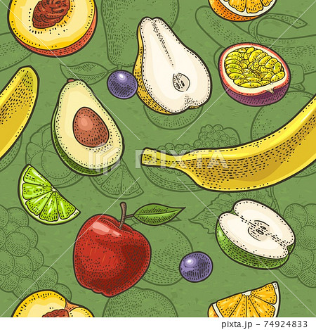 Set tropical fruits. Vector engraving on craft paper texture 74924833