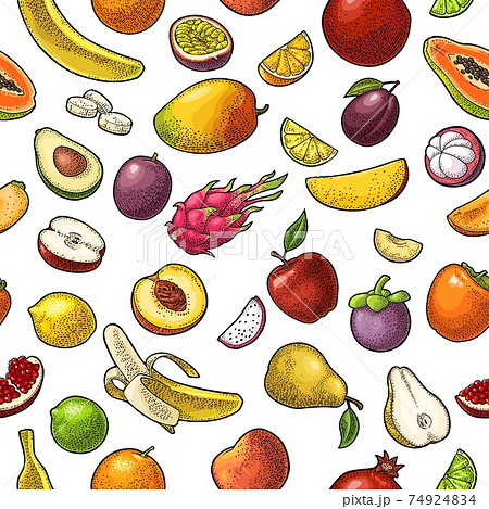 Set tropical fruits. Vector color vintage engraving isolated on white 74924834