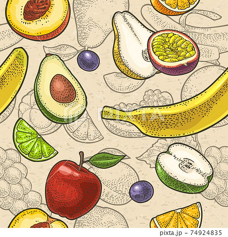 Set tropical fruits. Vector engraving on craft paper texture 74924835