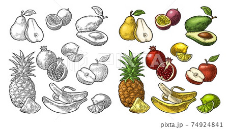 Set fruits. Pineapple, lime, banana, pomegranate, maracuya, avocado. 74924841