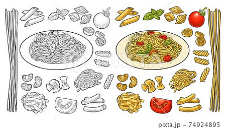 Different types macaroni. Vector vintage black engraving isolated on white 74924895