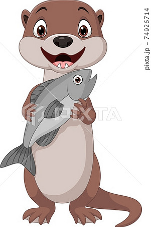 Cartoon smiling otter holding fish Cartoon smiling otter holding fish 74926714