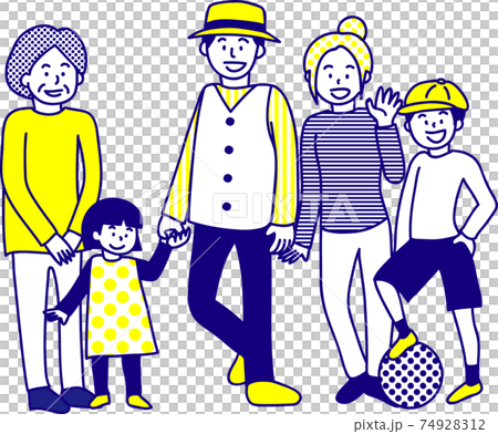夫婦と子供2人と祖母の 仲良しな家族イラスト 2色縁取り線のイラスト素材