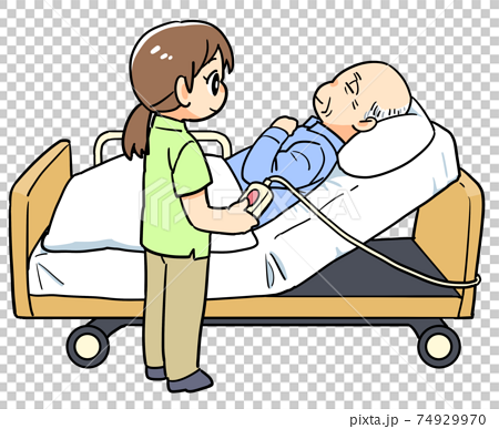 介護ベッドで身体を起こす介護士のイラストのイラスト素材