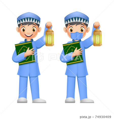 Happy muslim boy holding quran book with ramadan lantern and wearing face mask Happy muslim boy holding quran book with ramadan lantern and wearing face mask 74930409