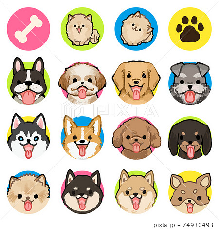 様々な犬種の手描きイラスト円形アイコンセットのイラスト素材
