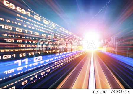 Digital data flow on road with motion blur to create vision of fast speed transfer 74931413