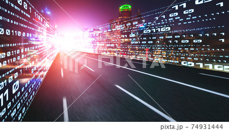 Digital data flow on road with motion blur to create vision of fast speed transfer 74931444