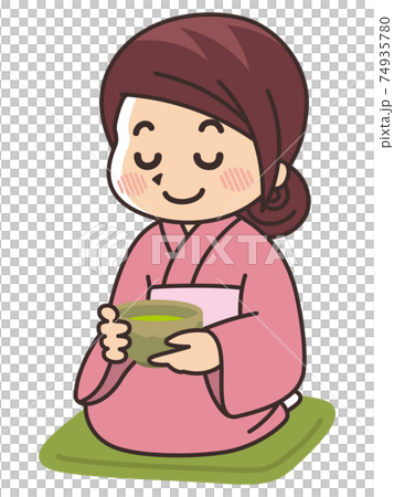 抹茶を飲む着物の女性 茶道のイラスト素材