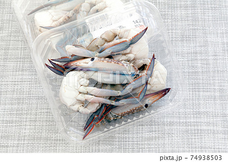プラスチック容器入りの切りワタリガニ、カットされているわたり蟹 プラスチック容器入りの切りワタリガニ、カットされているわたり蟹 74938503
