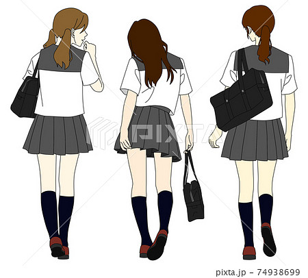 セーラー服姿の後ろ向きの女子高校生の3人組のイラストのイラスト素材