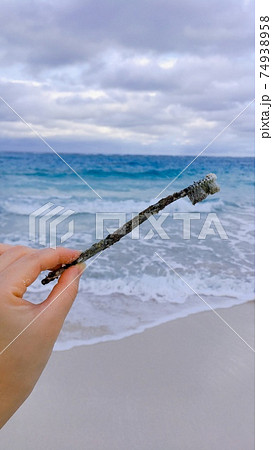 【海洋漂着ごみ】美しい海とプラスチックの黒い歯ブラシ 74938958