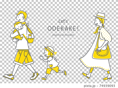 楽しくお出かけする4人家族のシンプルでおしゃれな線画イラスト 74939093