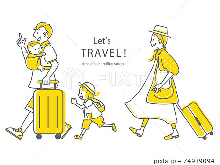 楽しく旅行する4人家族のシンプルでおしゃれな線画イラストのイラスト素材