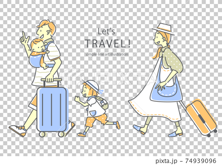 楽しく旅行する4人家族のシンプルでおしゃれな線画イラストのイラスト素材