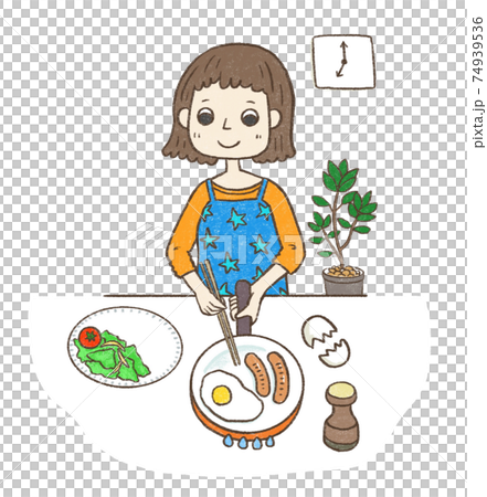 女子学生 朝ごはん作り 洋食のイラスト素材 女子学生 朝ごはん作り 洋食のイラスト素材